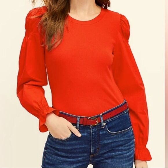 Loft Ruffle Cuff Mixed Media Blouse - Picture 1 of 7